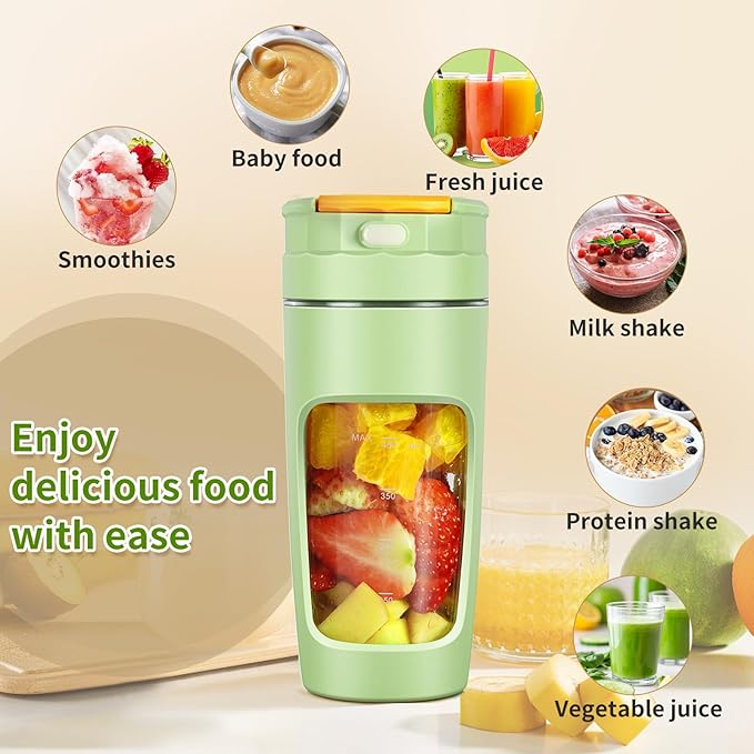 Slim Portable Blender Cup, 20oz (600ml) Personal Travel Juicer with Leakproof Lid, USB-C Rechargeable Licuadora Portatil for Smoothies and Shakes, Auto-Cleaning(green)