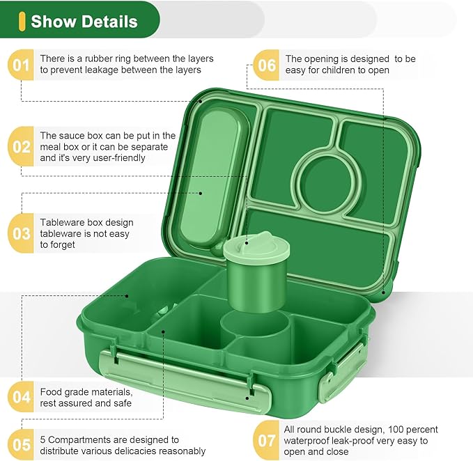 Amathley Bento Box Adult Lunch Box Kids,Lunch Containers for Adults/Kids/Toddler,5 Compartments Bento Lunch Box with Sauce Vontainers,Microwave & Dishwasher & Freezer Safe,BPA-Free (Emerald green)