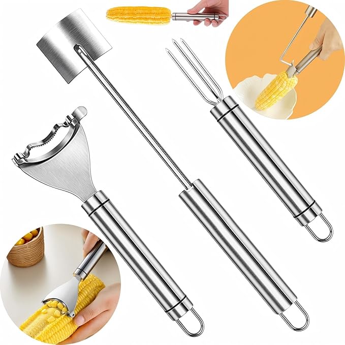 3 Pcs Upgraded Stainless Steel Corn Kitchen Tool set Corn Corn Peeler, Corn Stripper and Corn Holder, Kernel Remover Tool for Home & Outdoor Dining
