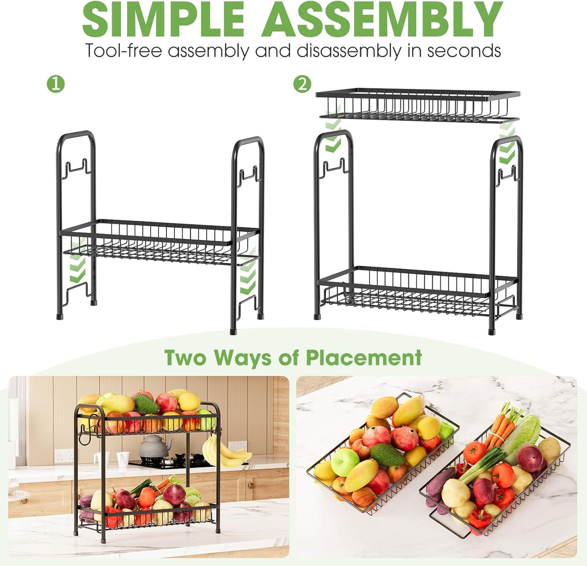 Fruit Basket for Kitchen Counter, 2 Tier Fruit Bowl with Banana Hangers, Large Fruit Holder Stand Countertop Organizer for Vegetable Onion Potato Bread Snack Produce Storage and Display, Black