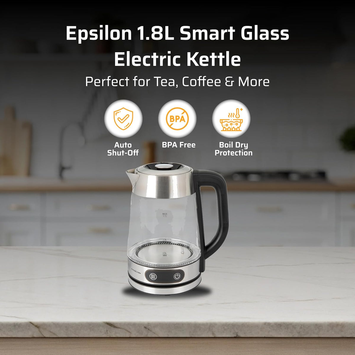 Epsilon 1.8L Glass Electric Kettle – Hot Water Tea Kettle with Borosilicate Glass & Stainless Steel, Auto Shut-Off, Fast Boil 1500W Electric Teapot, BPA-Free, Cool Touch Base