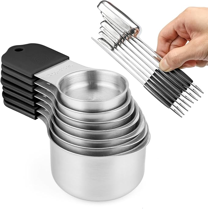 Magnetic Measuring Cups and Spoons Set, 7 Stainless Steel Measuring Cups and 7 Rectangular Metal Teaspoon with 1 Leveler for Cooking & Baking (Black)