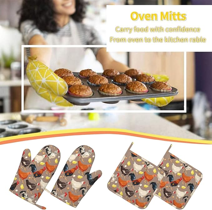 Fun Hen Chicken Rooster Oven Mitts and Pot Holders Set of 4 Silicone Heat Resistant Oven Mitten Potholders Non Slip Gloves Kitchen Decor for BBQ Cooking Grilling Baking