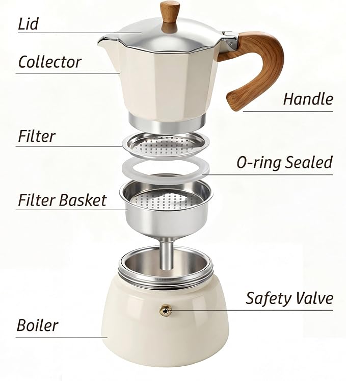 AGOGO Milano Moka Pot Stovetop Espresso Maker with 100 Paper Filters for Sediment-Free Coffee, Classic Italian Greca with Wood-Grain Handle,Cleaning Brush & Towel 6 Cup (10oz / 300ml) Cream