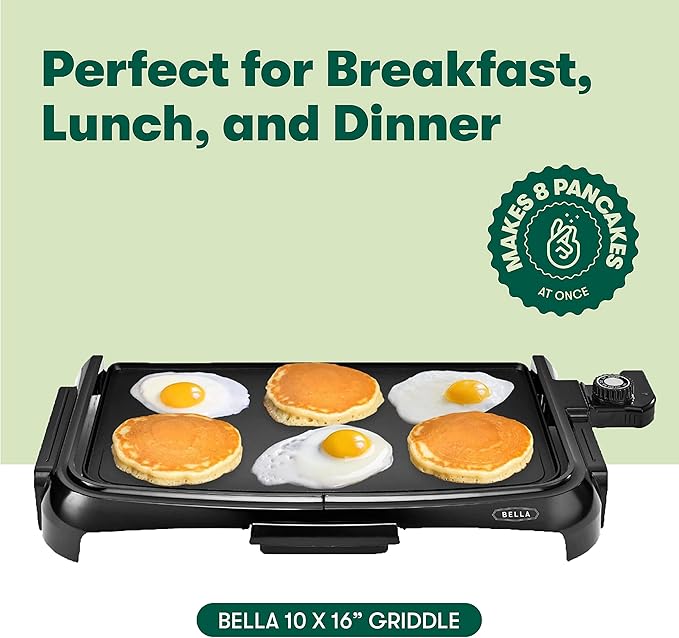 BELLA Electric Griddle with Crumb Tray - Smokeless Indoor Grill, Nonstick Surface, Adjustable Temperature Control Dial & Cool-touch Handles, 10" x 16", Black