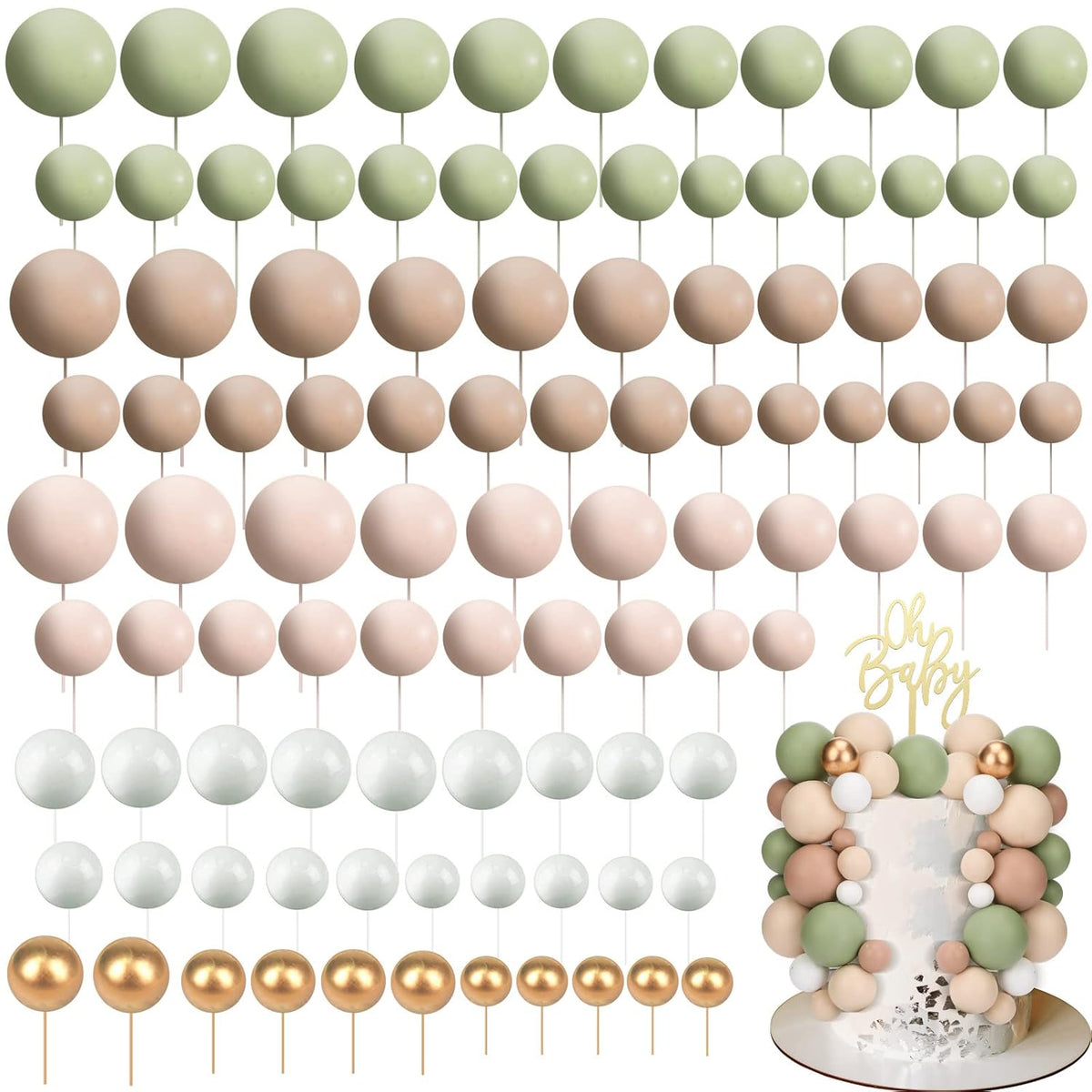 108 Pcs Balls Cake Topper DIY Cupcake Insert Foam Balloons for Cake Baking Wedding Anniversary Birthday Decoration(Matcha Green, Light Brown, Khaki,Multi Sizes)