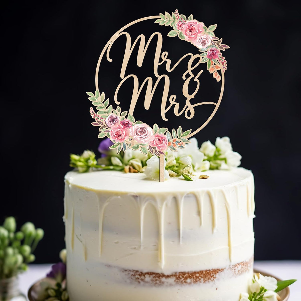 Mr & Mrs Cake Topper Floral Wedding Cake Topper in Wood (Design 01)