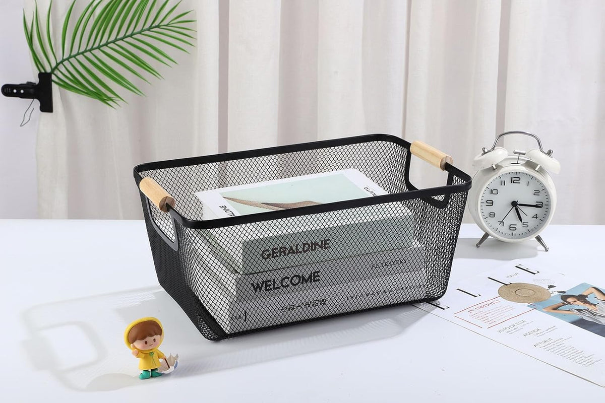 Metal Mesh Steel Basket, Large Wire Storage Organizer Basket Multi-function Hanging Kitchen Baskets with Wood Handle for Kitchen Bathroom Picnic Home, Rectangle-Black