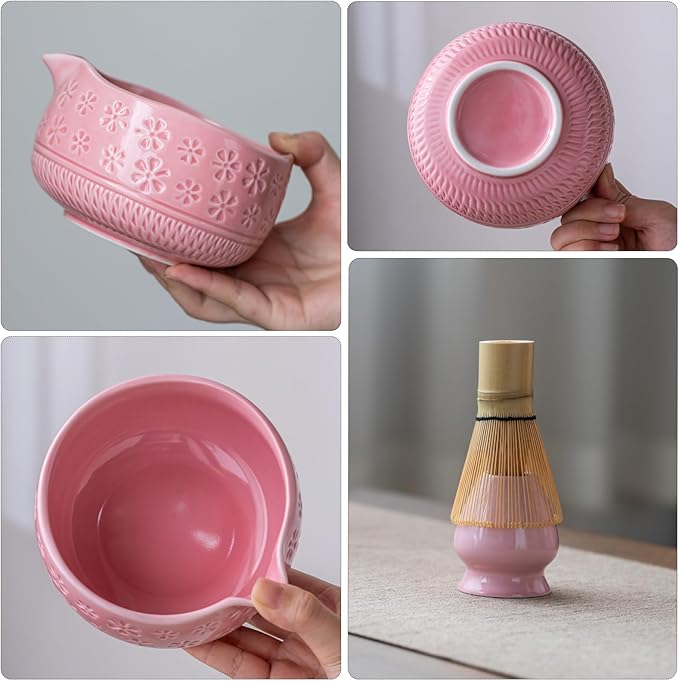 Buucup Matcha Whisk Set, Ceramic Matcha Kit Set Includes Matcha Bowl, Matcha Whisk and Holder, Bamboo Scoop, Scoop Rest, Sifter and Tea Towel - 7 Pcs Matcha Kit for Matcha Lovers (Pink)