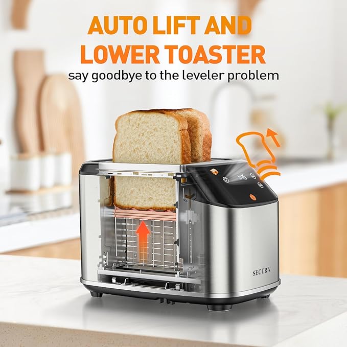 Secura 2 Slice Toaster, Fully Automatic Digital Stainless Steel Toaster with Countdown Timer & Keep Warm Function, 6 Browning Levels, Bagel/Defrost/Reheat/Single-Slice Modes, Removable Crumb Tray