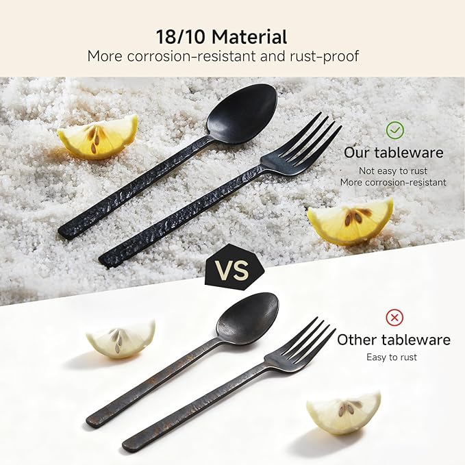 KINGSTONE 48 Pcs Black Hammered Silverware Set with Steak Knives for 8, 18/10 Stainless Steel Heavy Duty Flatware Set, Tableware Cutlery Utensil Sets for Home Restaurant Dishwasher Safe