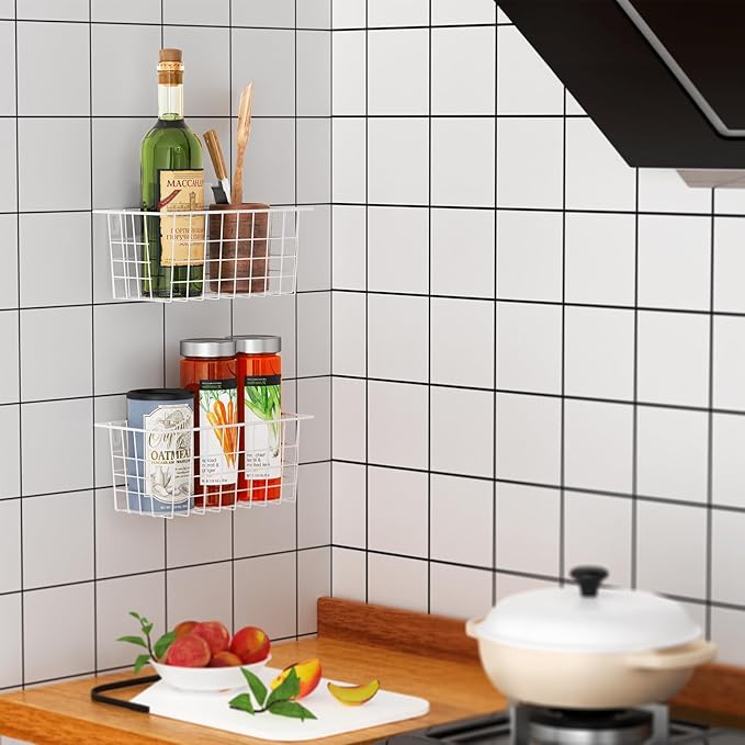 MaraFansie Hanging Kitchen Baskets Wire Storage Basket Adhesive and Screws Basket Over the Cabinet Door Organizer with Adhesive Strips and Screws Accessories, 2 Installations, 2 Pack, White