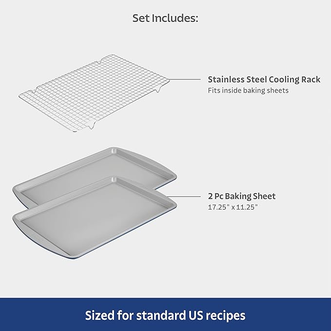 Tramontina Rise 3-Piece Ceramic Baking Pans Set, Non stick Cookie Sheets for Baking with Cooling Rack, Aluminized Steel, Dishwasher-Safe