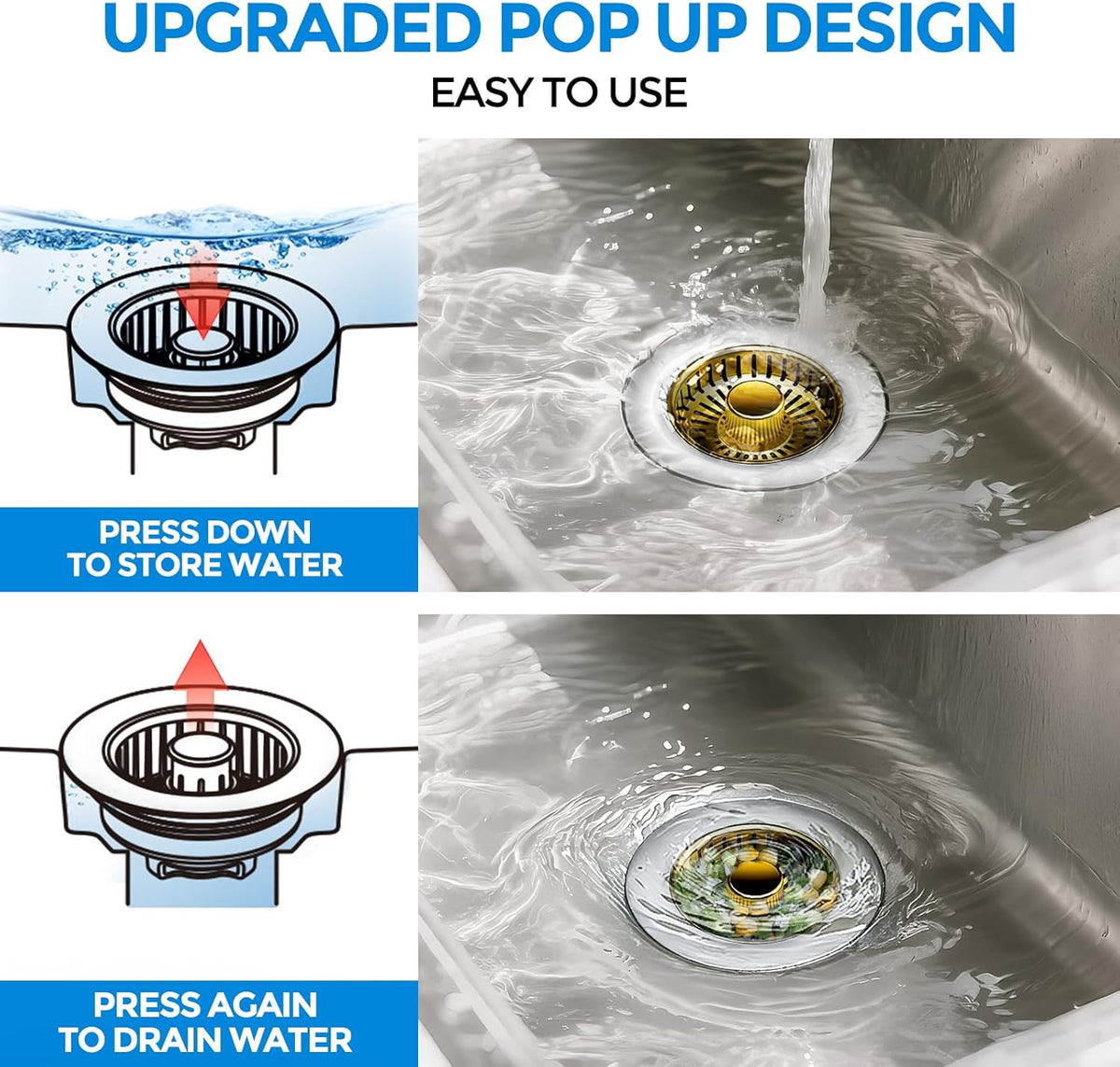 zaa Kitchen Sink Drain Strainer - Kitchen Sink Stopper, 304 Stainless Steel Sink Drain Stopper, Sink Protector for Kitchen with Anti-Clog Filter, Fit US Standard 3-1/2'' Sink Drain Hole, Gold