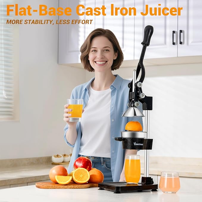 TONGCHANT Cast Iron Juicer, 17" Tall Heavy Duty Citrus Press with Stable Flat Base | Manual Hand Press Juicer for Lemon Lime Pomegranate, Easy to Clean, Stainless Steel Cup, Black