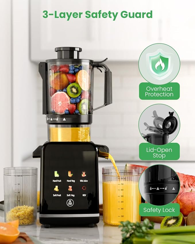 Kismile Cold Press Juicer Machine with 5 Modes, ABS Housing & HD Display, 4.5" Wide Feed Chute Slow Juicer for Fruits & Vegetables, Quiet Masticating Juicer Press, Easy to Clean, High Juice Yield