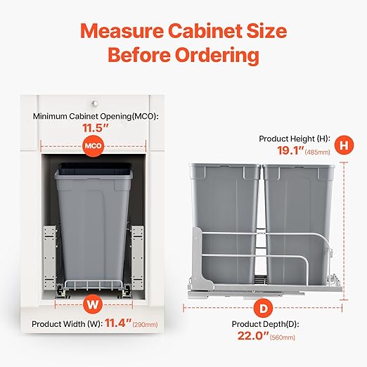VEVOR Pull-Out Trash Can, 27 QT x2 Double Under Mount Kitchen Waste Container, Heavy Duty Garbage Recycling Bin with Door Kit and Soft Close Slide, for Kitchen Cabinet, Sink, Under Counter (Grey)