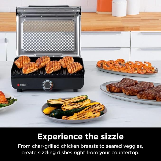 Ninja Sizzle GR100 Smokeless Indoor Grill, 500°F High Heat Kitchen Grill with Nonstick 14-Inch Plate, Low-Smoke Technology, Edge-to-Edge Heating, Family-Sized Capacity, Countertop Cooking Tool
