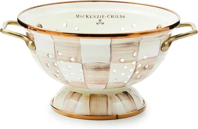 MACKENZIE-CHILDS Enamel Colander, Decorative Kitchen Strainer, Small, Brown-and-White Mocha Check