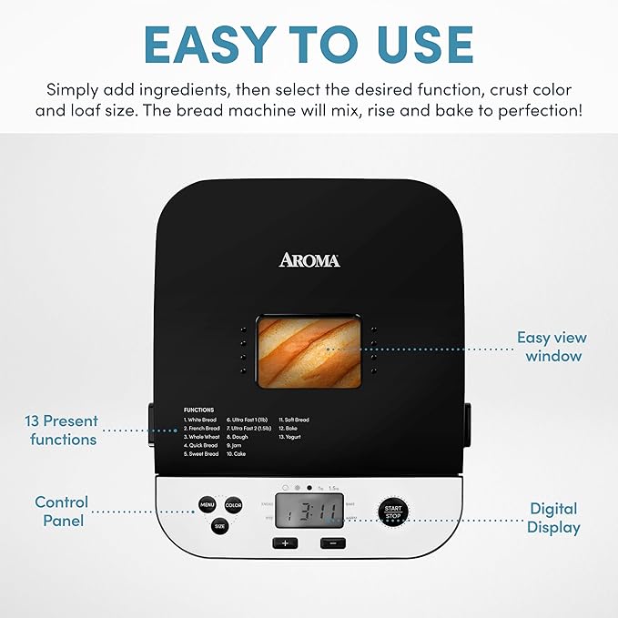 AROMA® 1.5lbs. Digital Bread Maker with Crust Customization, Clear-View Lid, and Nonstick Baking Pan, Black (ABM-250)