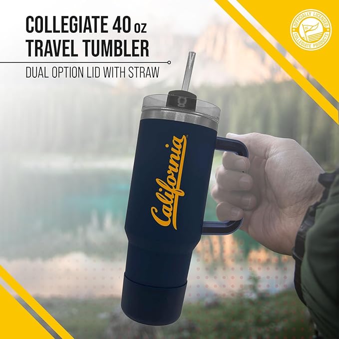Campus Colors College & University 40 oz Travel Tumbler With Handle - Dual Option Lid With Straw - Vacuum Insulated Stainless Steel (Cal Golden Bears - Navy)
