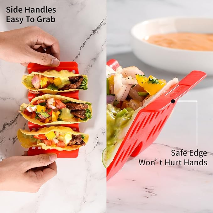 Premium Taco Holder Stand, Colorful Large Taco Holders Set of 6 or 4, Taco Stands for 3 Tacos for Soft/Hard Shells, Street Taco Rack with Plates & Tray, Dishwasher & Microwave Safe