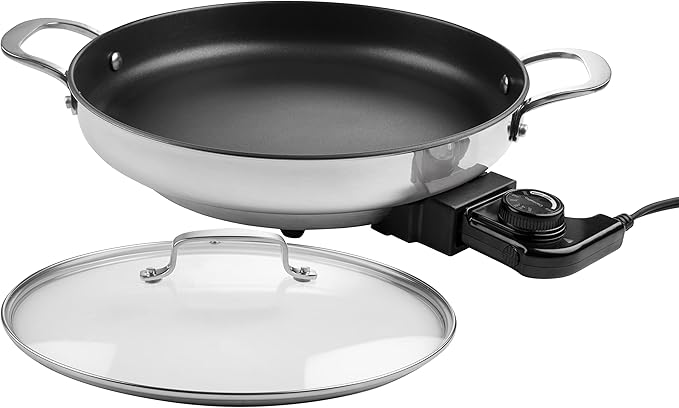 Electric Skillet By CucinaPro- 18/10 Stainless Steel, Frying Pan w Non Stick Interior, Tempered Glass Lid w Handles, 12" Round, Temperature Control Probe for Adjustable Heat Settings, Portable, Gift
