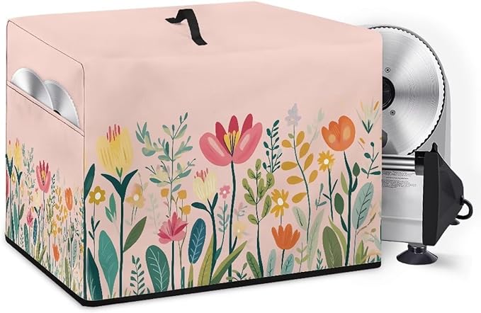 Meat Food Slicer Cover with Organizer Side Pocket, 16x13x13 Inch (Only Cover) Slicer Machine Protection Accessories Dust-proof Waterproof for Home Kitchen, Simple Cartoon Flower Print