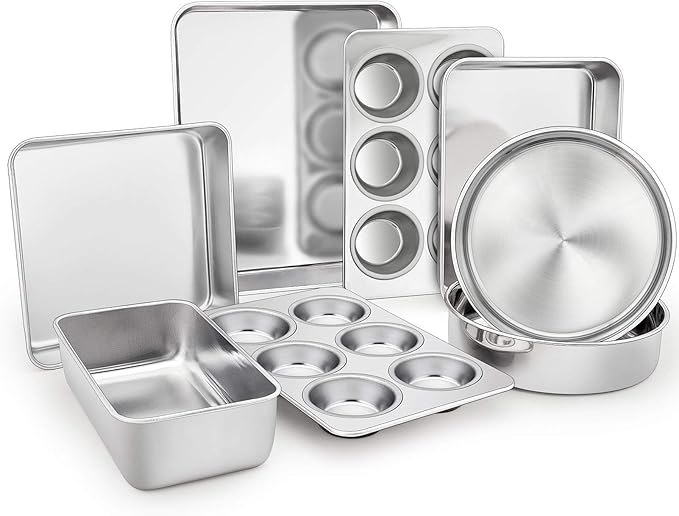 TeamFar Stainless Steel Bakeware Set of 8, Baking Roasting Toaster Oven Pans, Lasagna/Square/Round Cake Pan, Loaf Pan & Muffin Pan, Non-Toxic & Sturdy, Smooth & Dishwasher Safe