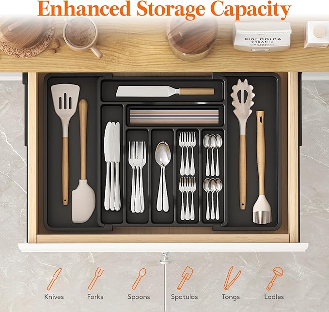 Lifewit Utensil Organizer for Kitchen Drawer, Expandable Cooking Silverware Tray, Adjustable Cutlery Flatware Holder, Plastic Spatula Tools Storage Divider, 13-22.4 x 15", Black