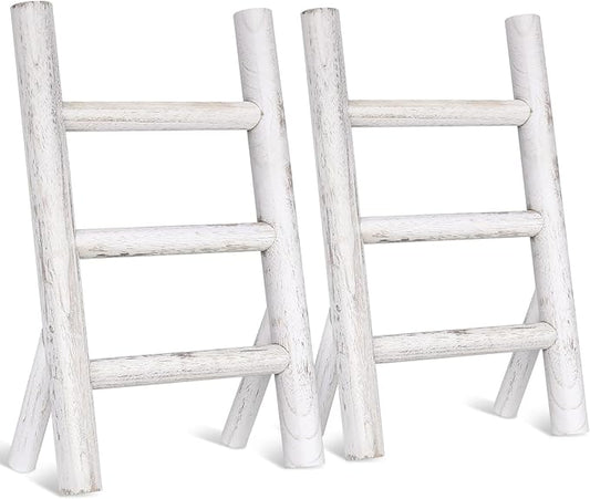 Cinnvoice 2 Pcs Wooden Tea Towel Ladder Rustic Hand Towel Stand Rack Mini Countertop Towel Stand Farmhouse Wood Counter Towel Holder for Bathroom Country Kitchen Office (White)