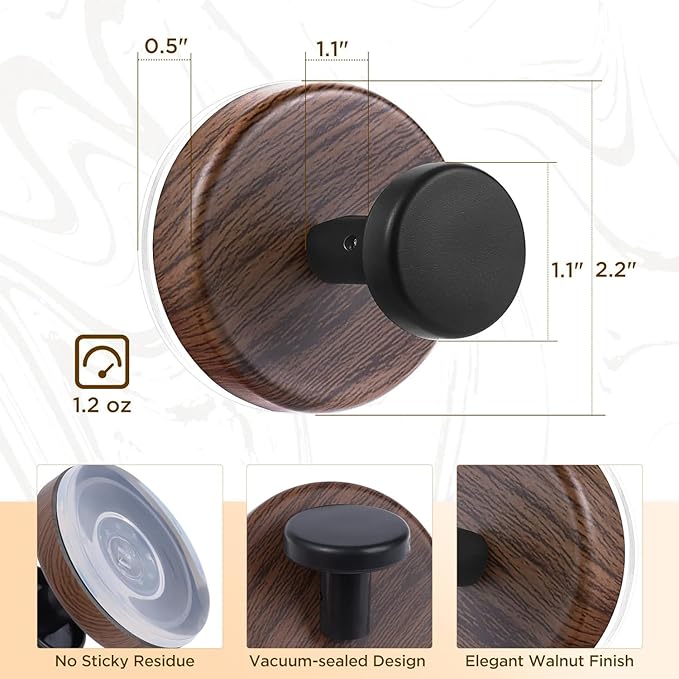 Decorative Suction Cup Hooks, Wreath Hanger, Multi-Purpose Wall Mount for Bathroom, Kitchen, Door, Window, Easy Install 5PCS (Wood Grain)