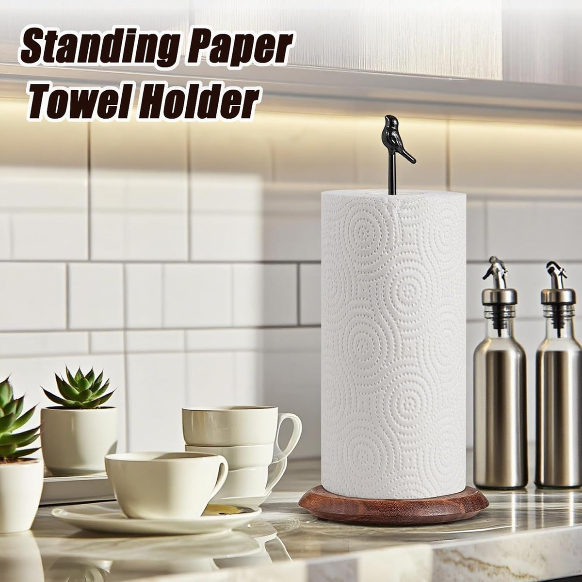Wooden Cute Bird Shaped Countertop Paper Towel Holder, Solid Wood Base with Iron Rod, with Non-Slip Pad, Stable and Durable, Suitable for Kitchen, Dining Table and Home Decoration (Black-3)