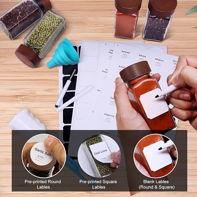 16 Pcs Spice Jars, 4oz Seasoning Containers with Acacia Wood Shaker Lids, Glass Spice Bottles with Labels, Square Seasoning Organizer, Kitchen Spice Container