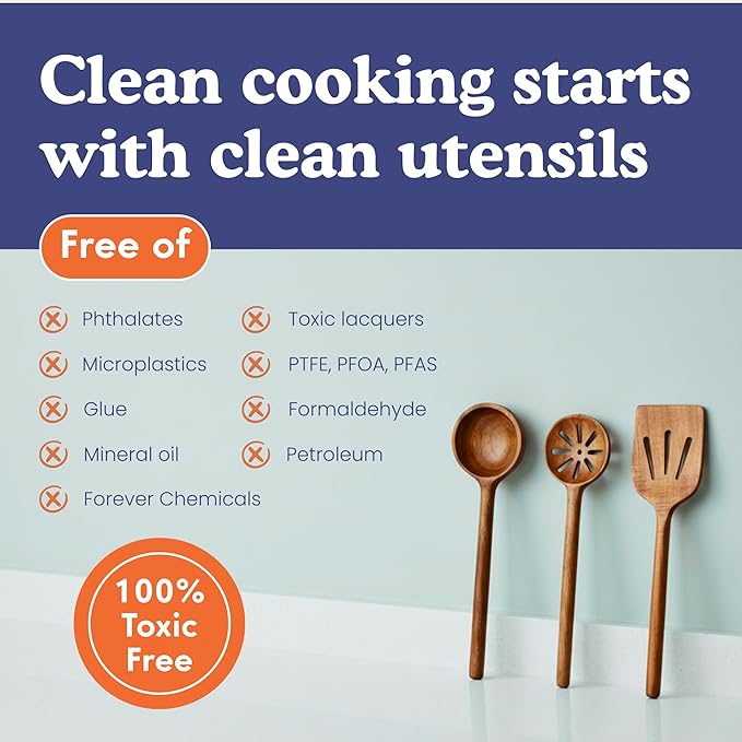 Non-Toxic Wooden Spoons for Cooking– 7-Piece Kitchen Utensils Set, Glue-Free & One-Piece Cooking Utensils, Natural Wooden Utensil Set with Plant-Based Finish, Free of Forever Chemicals