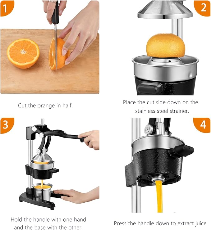 TONGCHANT Cast Iron Juicer, Heavy Duty Manual Citrus Press | Hand Press Juicer for Orange Lemon Pomegranate, High Leverage for Easy Juicing, Stainless Steel Cup, Black