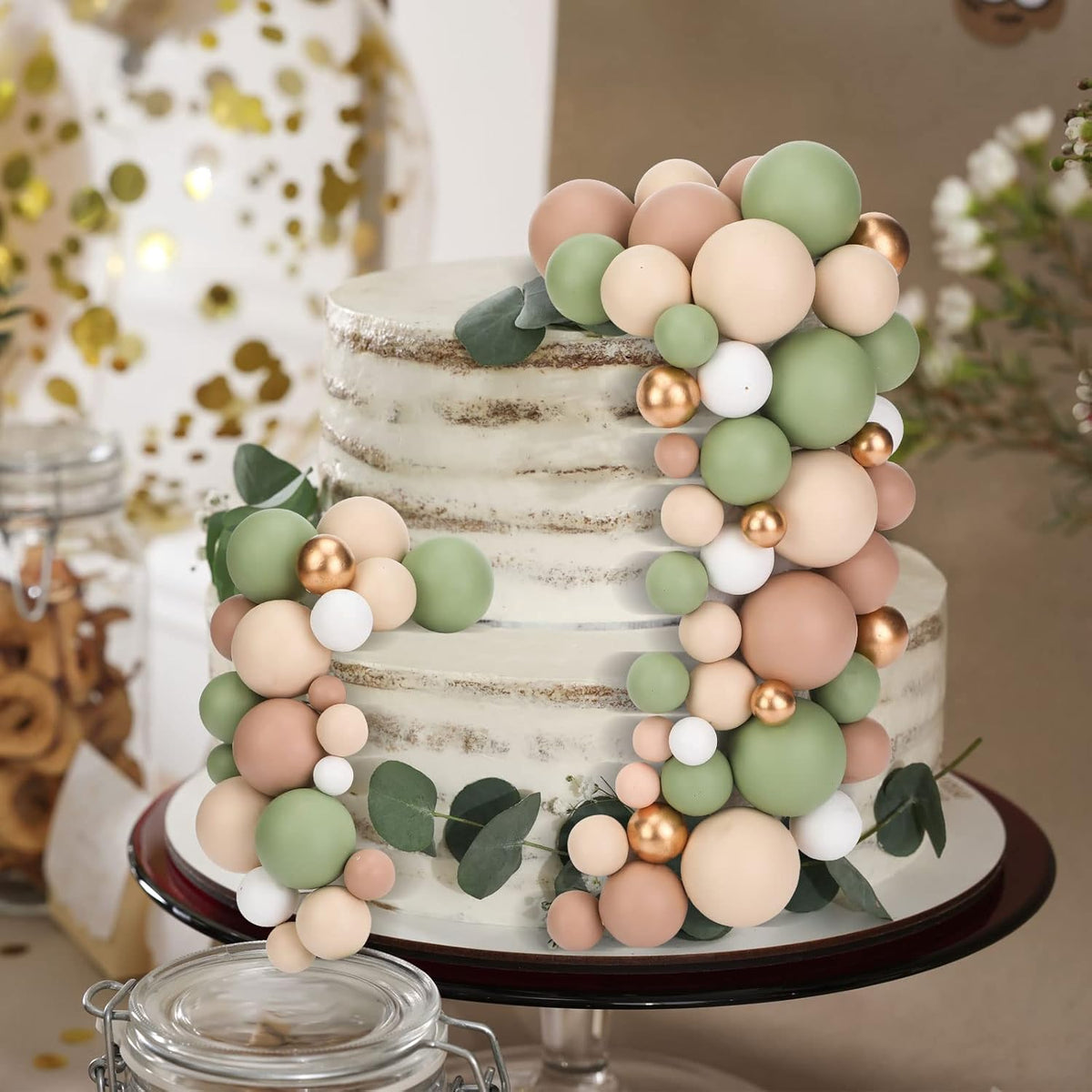 108 Pcs Balls Cake Topper DIY Cupcake Insert Foam Balloons for Cake Baking Wedding Anniversary Birthday Decoration(Matcha Green, Light Brown, Khaki,Multi Sizes)