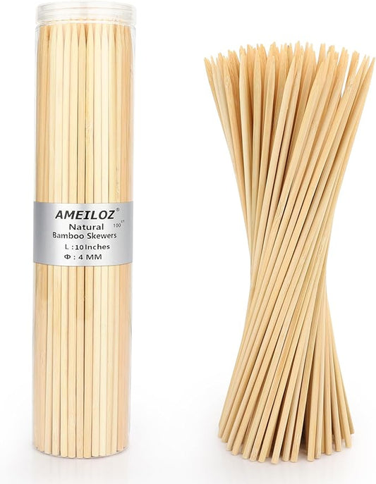 10" Barbecue Skewers, Bamboo Wooden Kabob Skewers for Appetizer, Fruit, Sausage, Chocolate Fountain, Kebob Skewer Stick, Organic Wood Food Sticks for BBQ Grilling, Kitchen (Φ=4mm Thick, 100PCS)