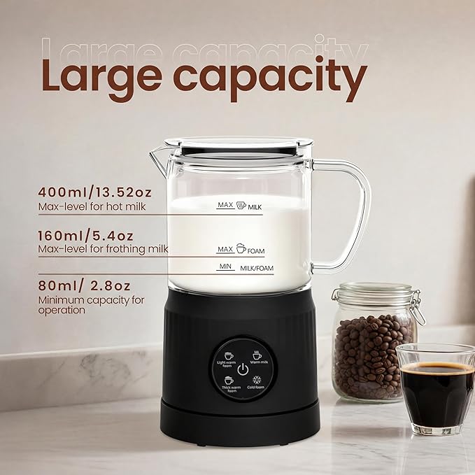 Casimhu 4-in-1 Milk Frother, Electric Milk Frother and Steamer with LED Touch Screen, Non-stick Bottom, Milk Warmer 13.52oz for Lattes, Cappuccinos, and Macchiatos at Home, Black