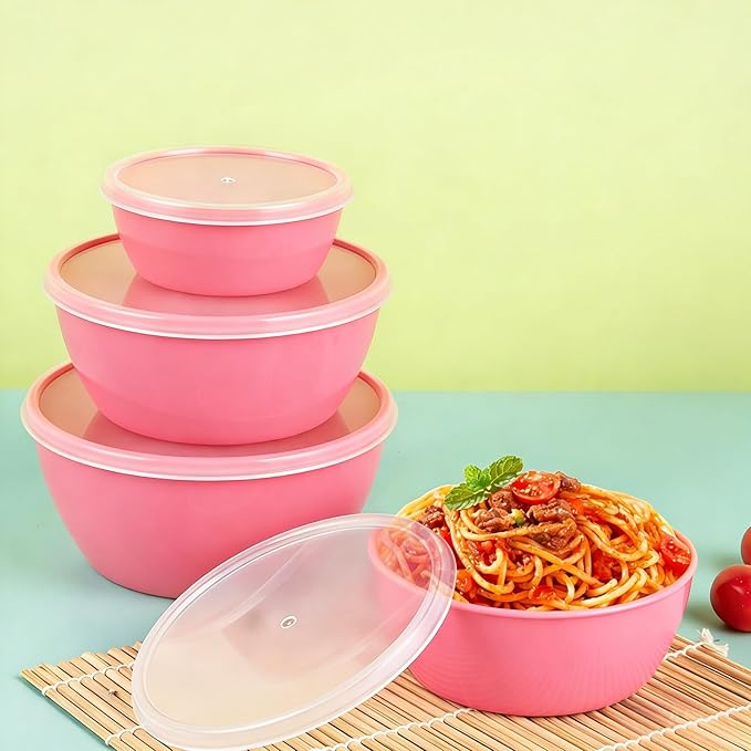 4-Piece Classic Plastic Prep Bowls with Lids, Nesting Plastic Small Mixing Bowl Set for Mixing, Baking, Prepping, Cooking and Serving Food, Microwave and Dishwasher Safe (Pink)