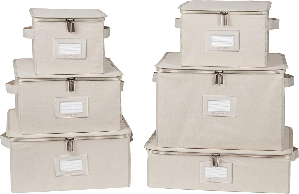 Covermates Keepsakes Dish Storage Box - Stackable, Reinforced Handles, China Storage, Beige Heather