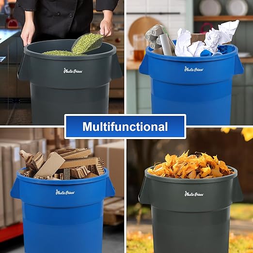 PLASTIC PRINCE 20 Gallon Round Trash Can with Lid and Dolly Blue Plastic Commercial Garbage Container for Home Garage Restaurants Warehouses - Bundle
