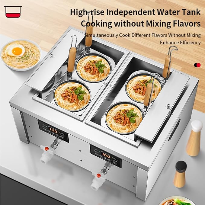 Auto-lift Commercial Pasta Cooker with Timer, Noodle Cooking Machine with 2 Drainage,Macaroni Vegetable Dumpling Cooker,Boiler For Spaghetti Ramen,Temperature Adjustable (4 holes)