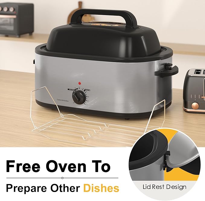 RoyalCraft 26-Quart Electric Roaster Oven with Visible Self-Basting Lid, Turkey Roaster Oven with Removable Pan and Rack, Perfect for Large Meals and Holiday Feasts, Silver