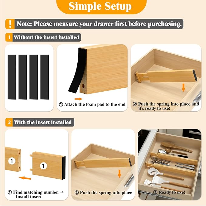 Bamboo Drawer Dividers,12-21" Adjustable Drawer Organizers for Clothes,Expandable Dresser Separators in Kitchen/Bedroom/Bathroom/Vanity/Office Organization and Storage,4-Pack