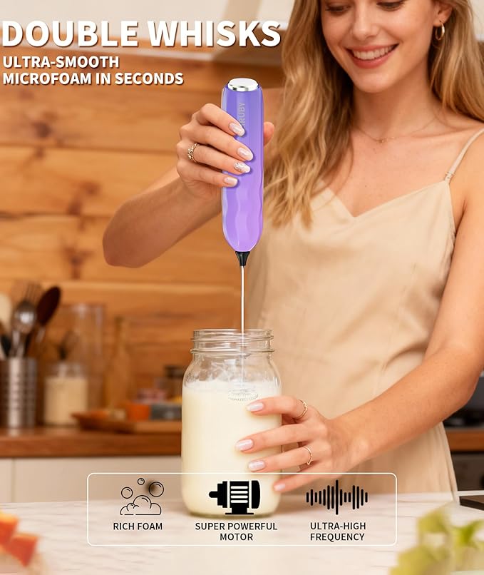 MEIRUBY 2-Pack Milk Frother Handheld with Stand, Valentines Day Gifts for Him and Her, Electric Coffee Frother, Coffee Lover Gift for Lattes, Cappuccino, Matcha & Hot Chocolate, Black/Colorful