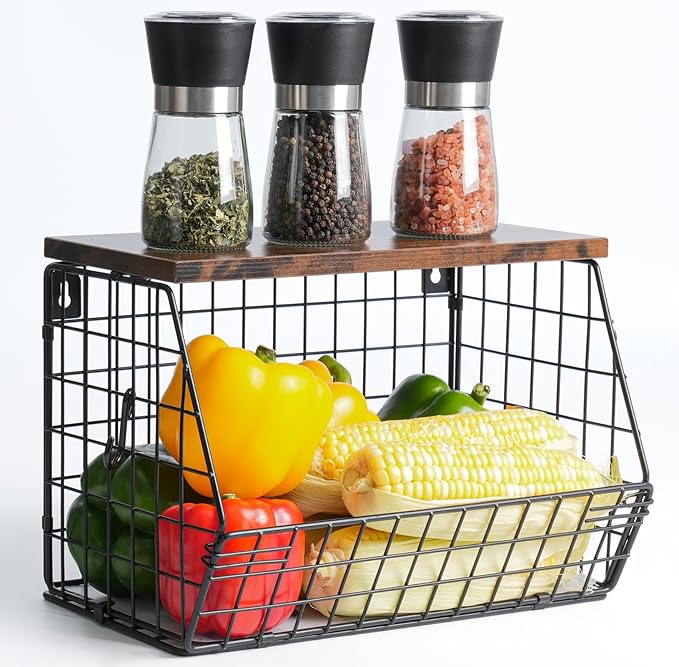 Wawocs Fruit Basket for Kitchen Counter, Fruit Bowl Stackable Wall Mounted Hanging Fruit Basket Wire Basket with Wood Lid with Banana Hanger Hooks, Onion,Potato,Fruit and Vegetable Storage