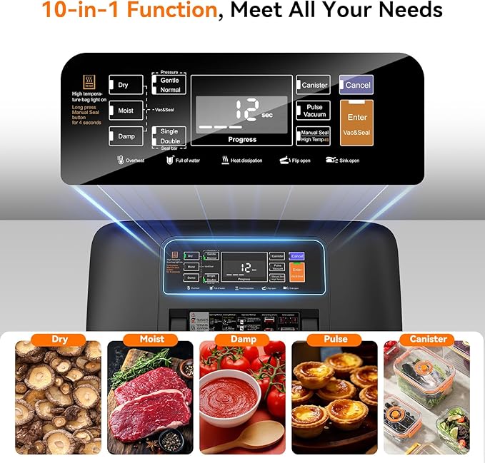 Newise 85Kpa Vacuum Sealer Machine - Kitchen Gifts, 10-in-1 Full Automatic Food Saver with Easy-Lock Handle, Built-in Cutter & Roll Storage for Dry/Moist Foods, Includes Bags & External Hose