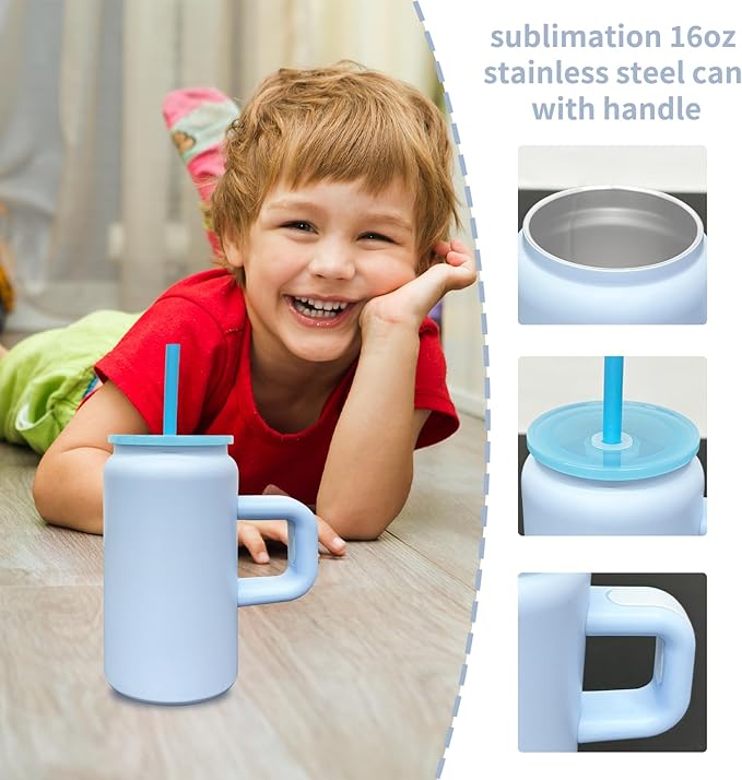 16 oz Sublimation Tumbler with Handle and Straw for Kids, Stainless Steel Sublimation Tumblers Bulk with Lids, Vacuum Insulated Iced Coffee Cups for Smoothie Water Soda DIY Gift (Blue,1 pack)