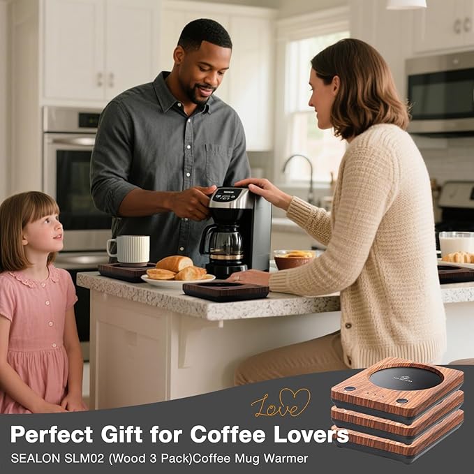 SEALON SLM02 Electric Coffee Mug Warmer (Wood, 3-Pack) - 3-Temperature Desk Cup Warmer with Auto Shut-Off (4 Hours) for Heating Coffee, Tea, Milk & Beverages
